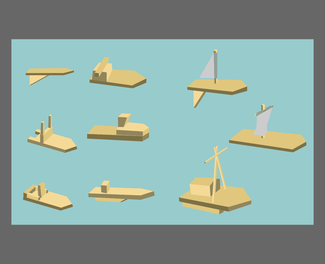 Eight 3D models of wooden boats are displayed against a light blue background. The models vary in size and shape, including sailboats, motorboats, and a small boat with a white sail. The models are rendered in a flat, geometric style with visible wooden beams and supports.