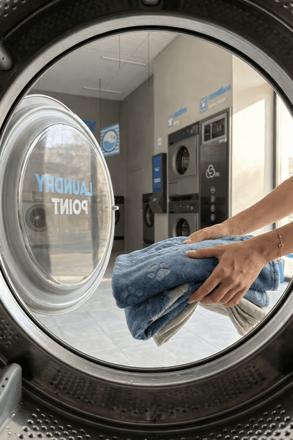 Skats no veļas mašīnas bungas Laundry Point pašapkalpošanās veļas mazgātavā Rīgā