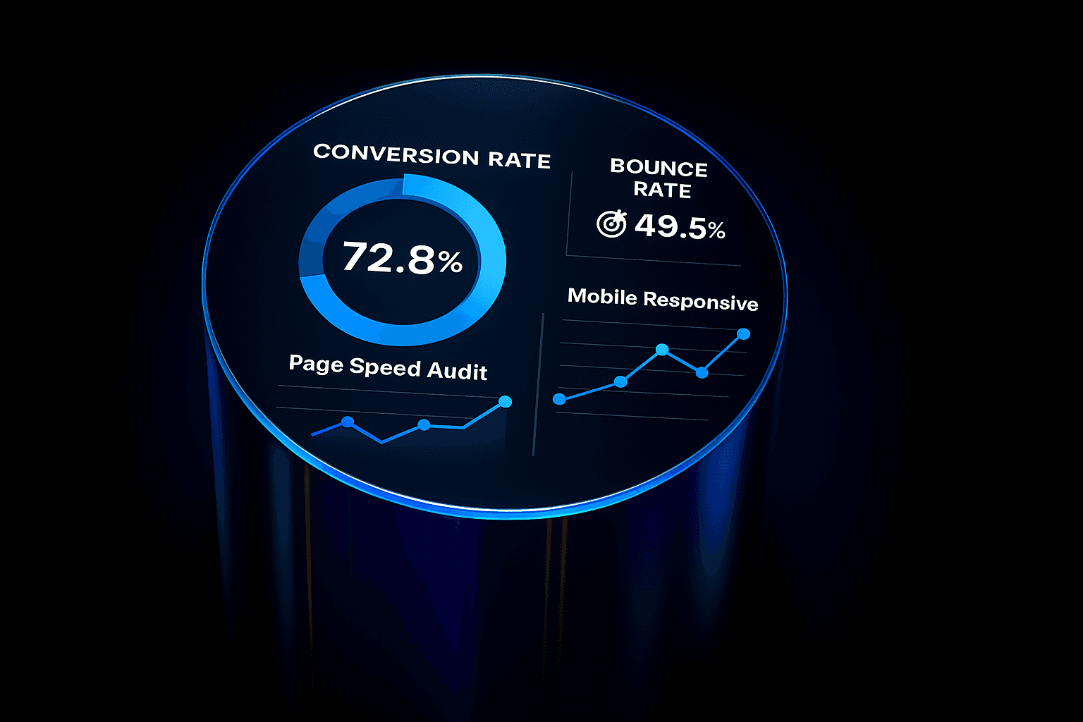 Analytics dashboard showing conversion metrics alongside page speed scores and audit reports.