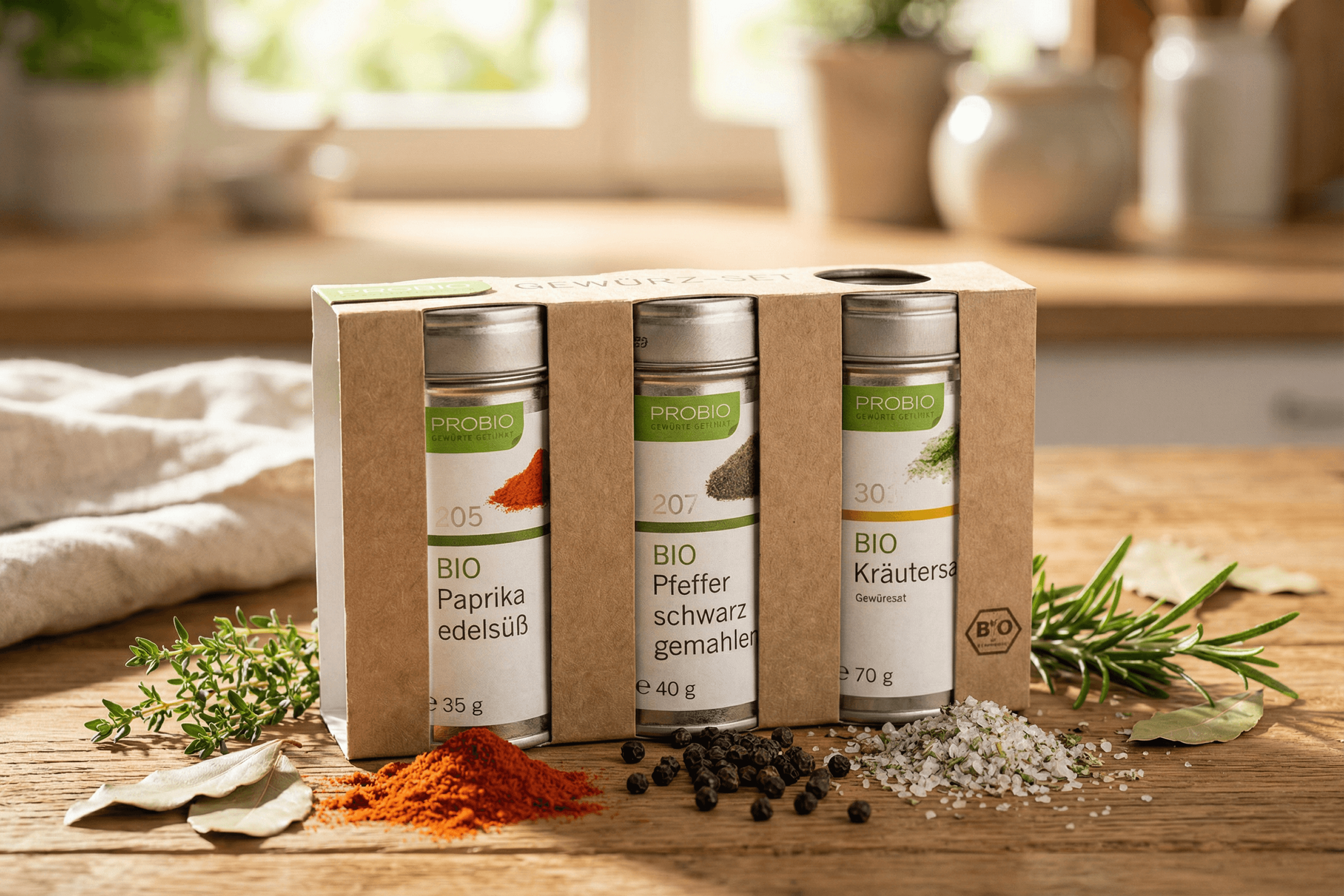 3 spice jars (paprika, pepper, herbs) in box packaging