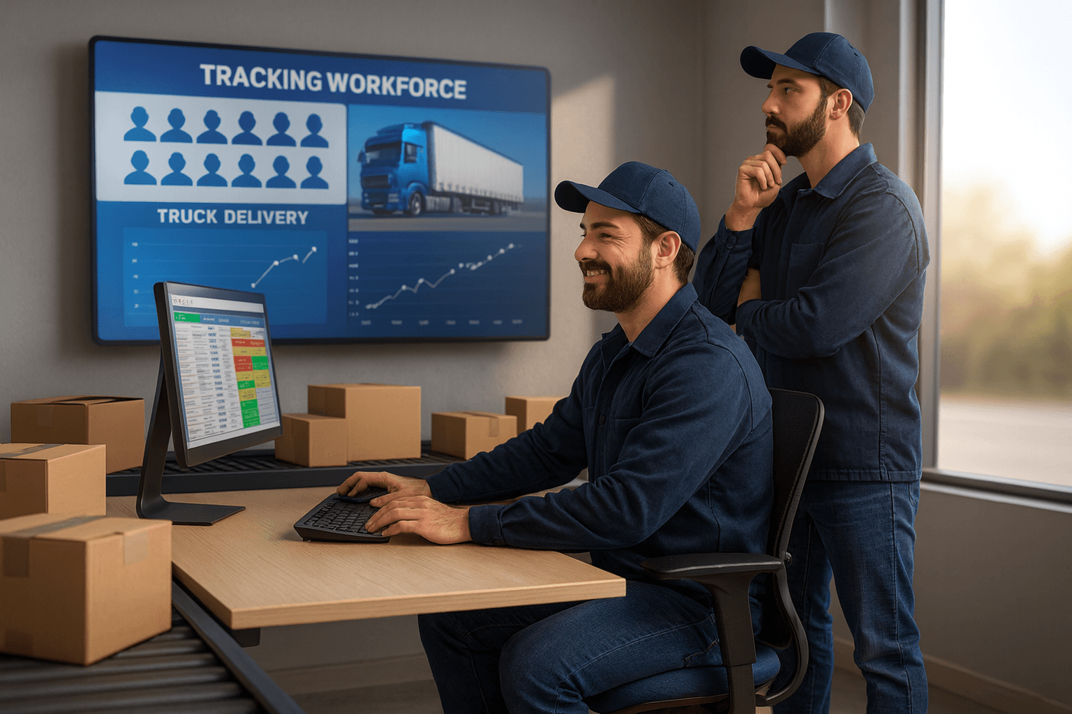 Imagem 3D realista mostrando um ambiente de distribuidora com esteira, caixas e workstation moderna. Um operador trabalha em um sistema digital enquanto outro acompanha o processo, simbolizando agilidade no fluxo de pedidos e liberação do time para atender mais oficinas.