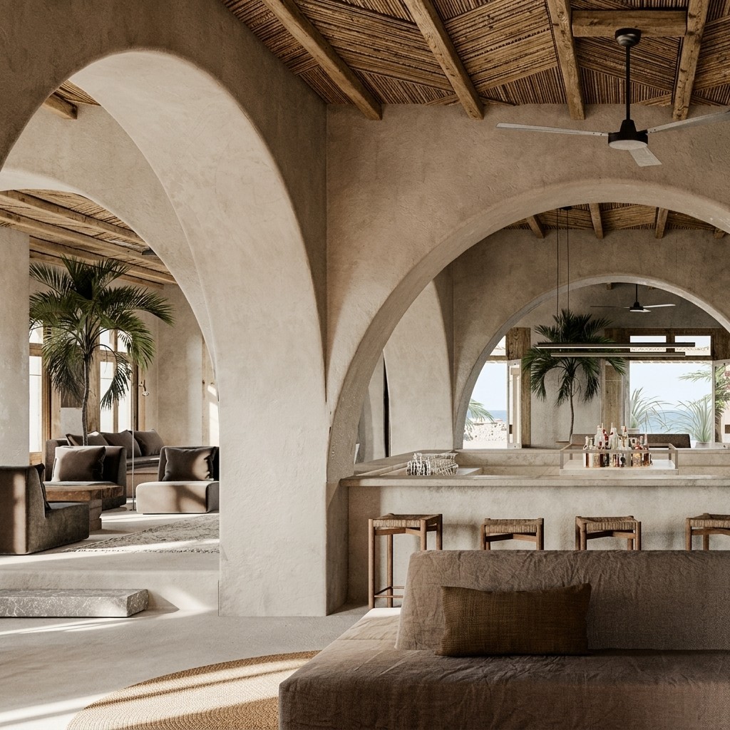 Open-plan coastal lounge with heavy concrete arches, a slatted wood ceiling, and a modern bar area.