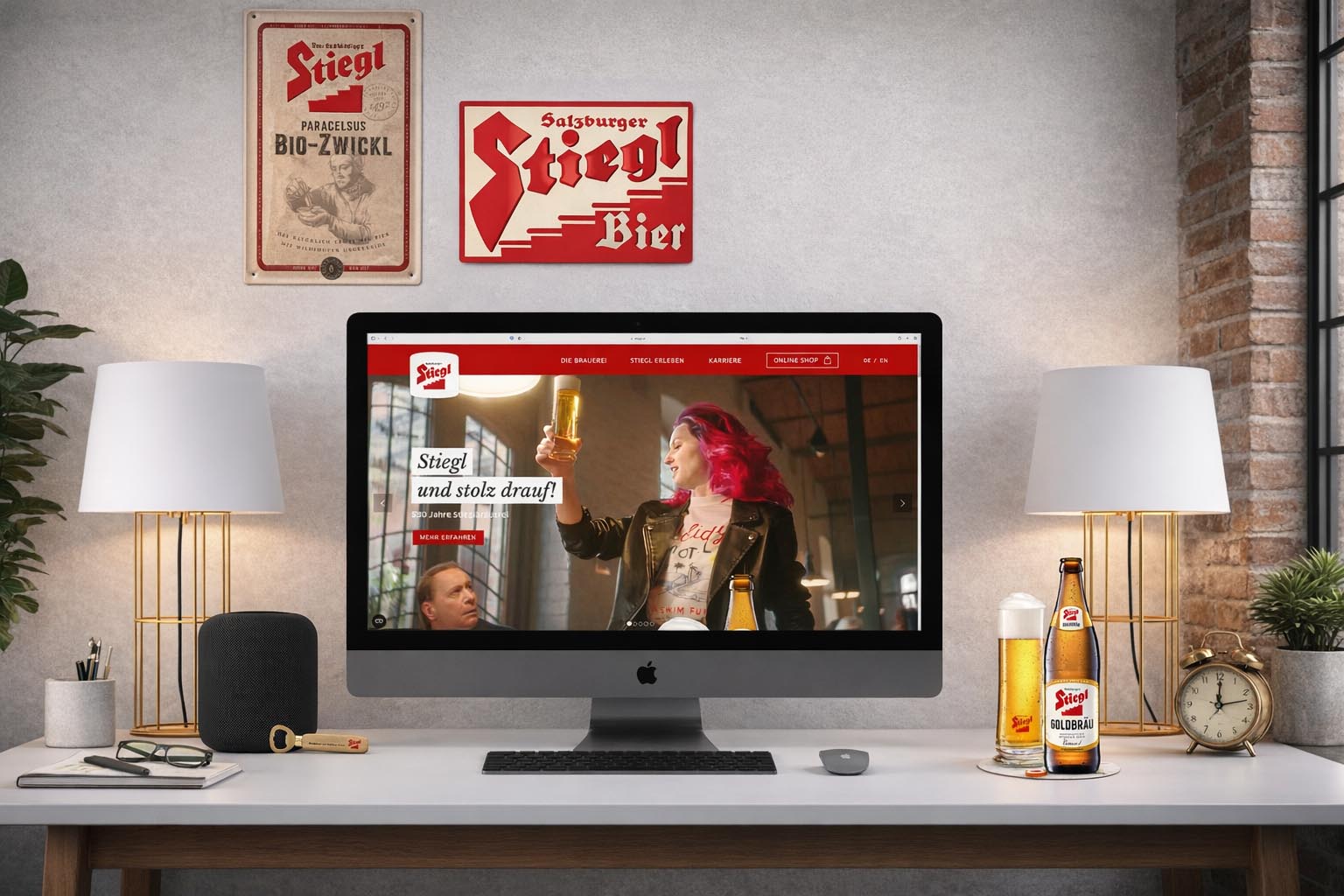 Stiegl Website auf Desktop in einer markentypischen Umgebung mit Fokus auf Erlebnis und emotionaler Produktinszenierung