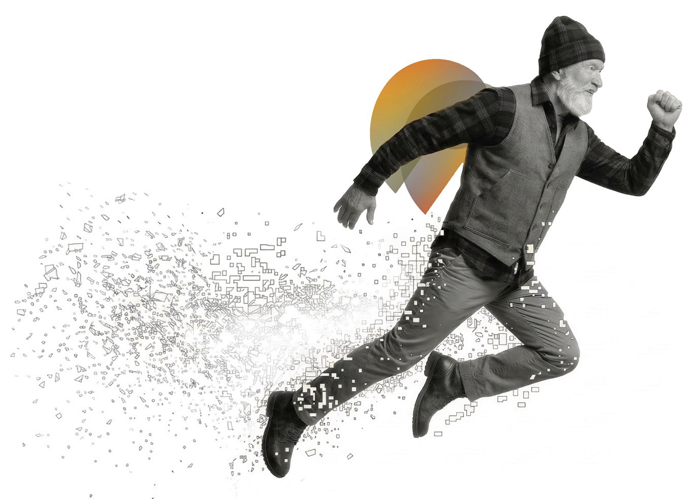 An elderly man with phae wings flying across the screen, his body is flying away from AI pixels that are attempting to corrupt him.