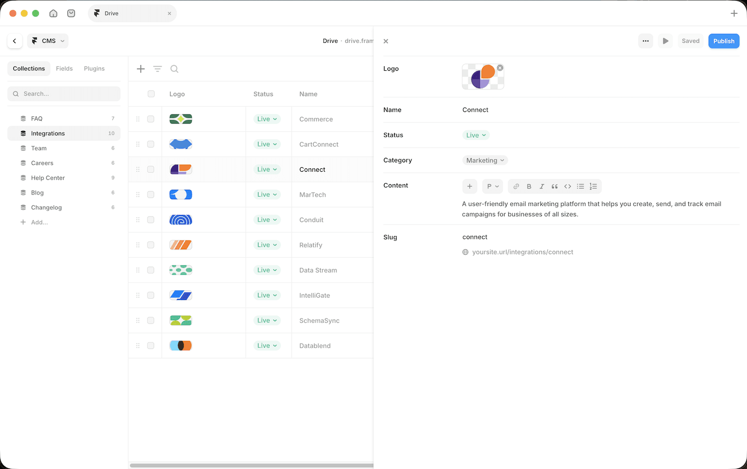 Framer CMS collection editor showing fields panel