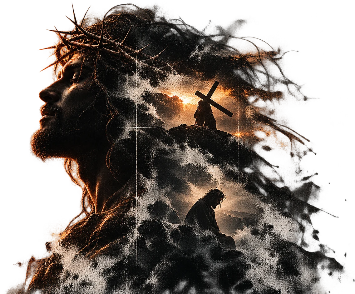 Double exposure of Jesus wearing a crown of thorns in profile, with a man carrying a cross up a hill at sunrise inside the silhouette