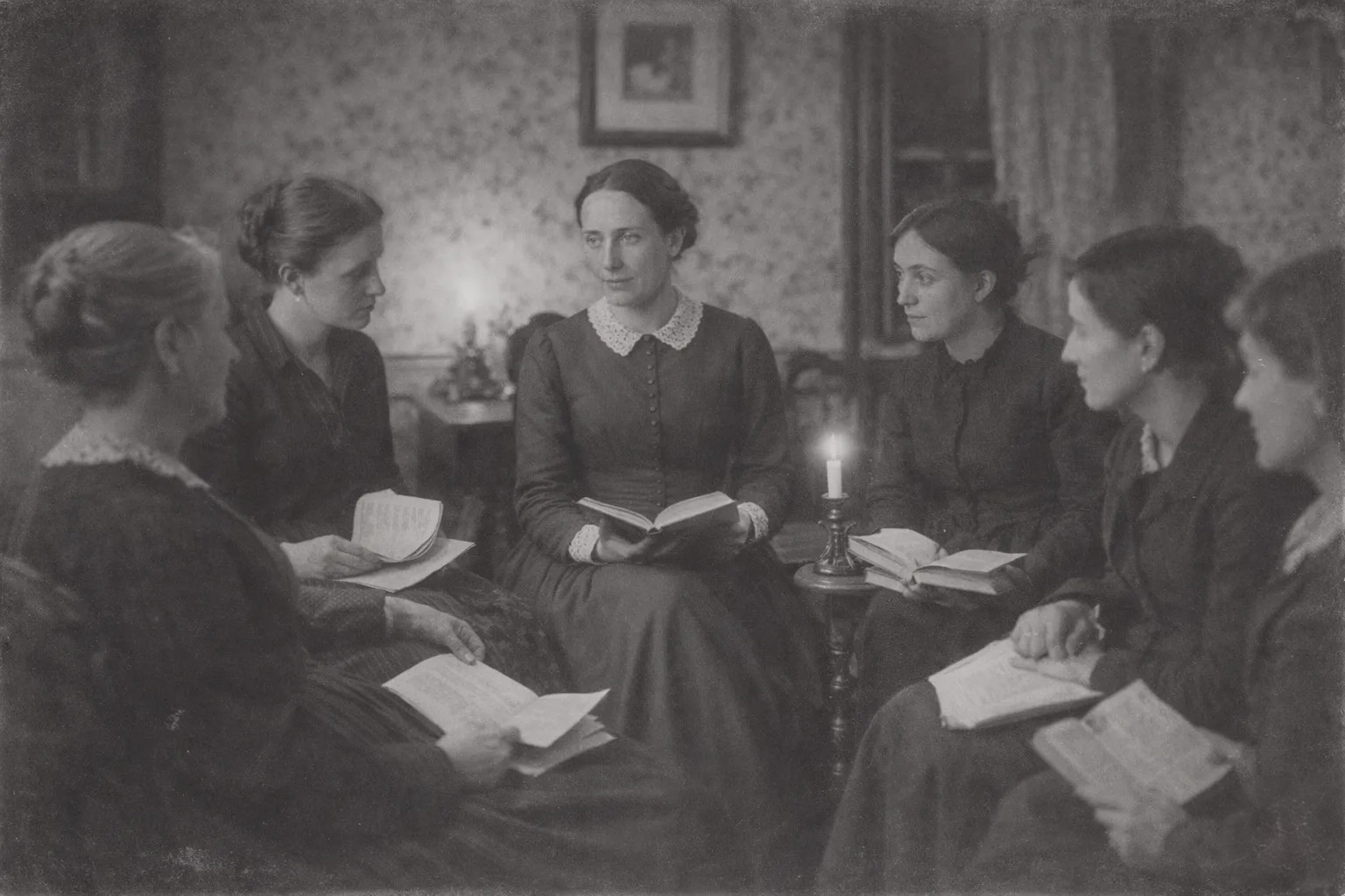 A group of 19th century women discussing books in candlelight.