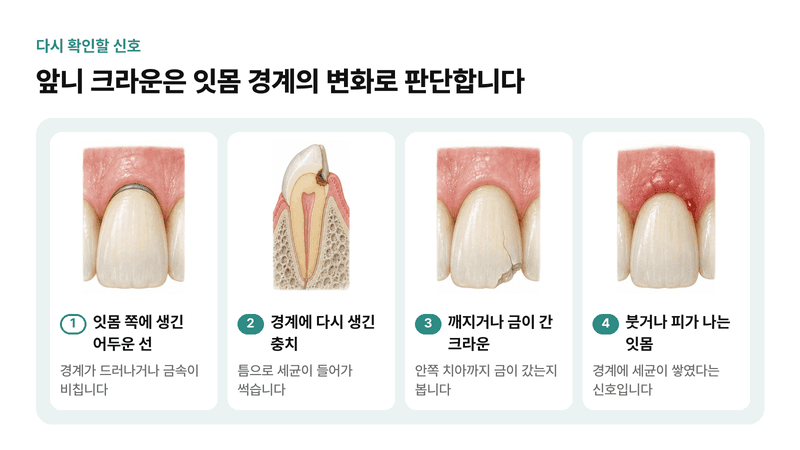 잇몸 쪽에 생긴 어두운 선, 경계에 다시 생긴 충치, 깨지거나 금이 간 크라운, 붓거나 피가 나는 잇몸까지 앞니 크라운을 다시 확인해야 하는 네 가지 신호를 그린 일러스트