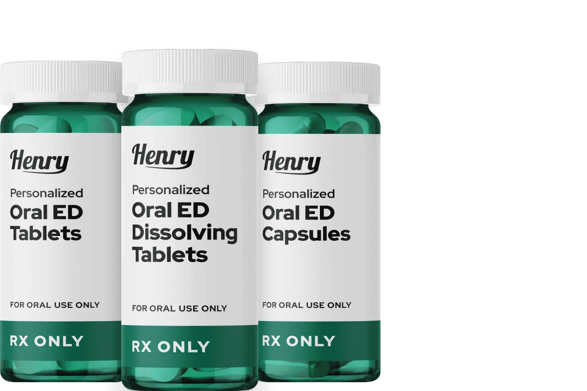 Three bottles of Henry personalized oral ED medicine, tablets, dissolving tablets, and capsules.