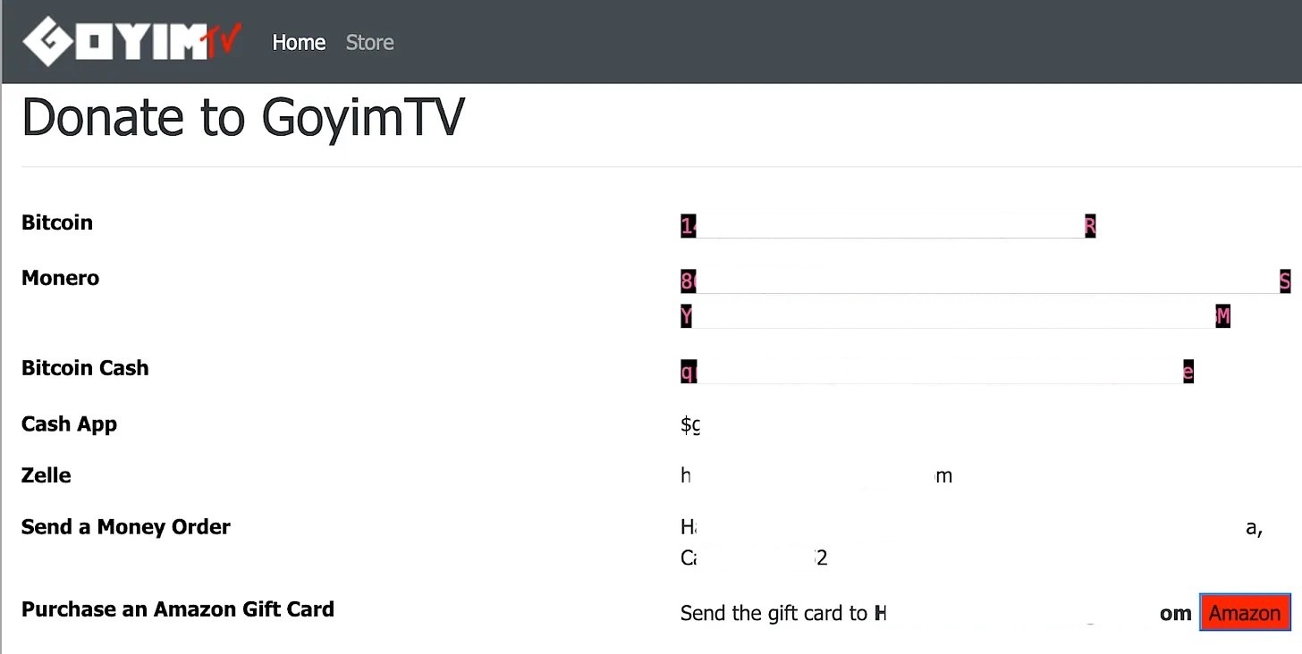 A screenshot of Goyim TV's "donate" page, with a variety of payment options available, all of which have been linked to Jon Minadeo II in other reporting (accounts and addresses redacted).