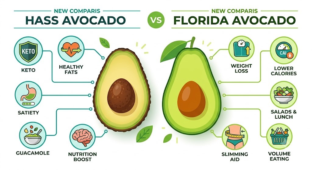 A side-by-side infographic comparison showing the health benefits of Hass avocado (Keto, healthy fats, satiety) versus Florida avocado (weight loss, lower calories, volume eating).