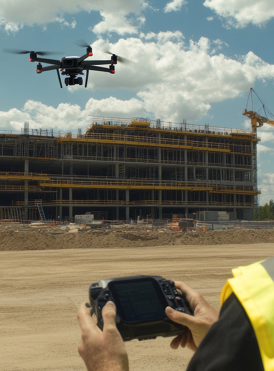 Um drone de Captura da Realidade voando em frente a uma grande estrutura de edifício em construção sob um céu nublado. No primeiro plano, as mãos de um operador seguram um controle remoto com tela, ilustrando o processo de coleta de dados aéreos em um canteiro de obras.