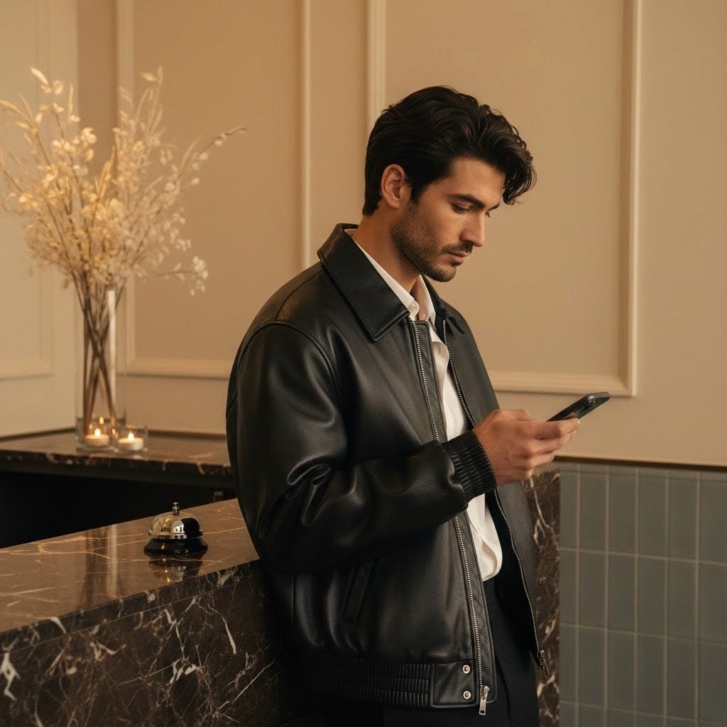 Young man in black leather double-breasted jacket jeans.