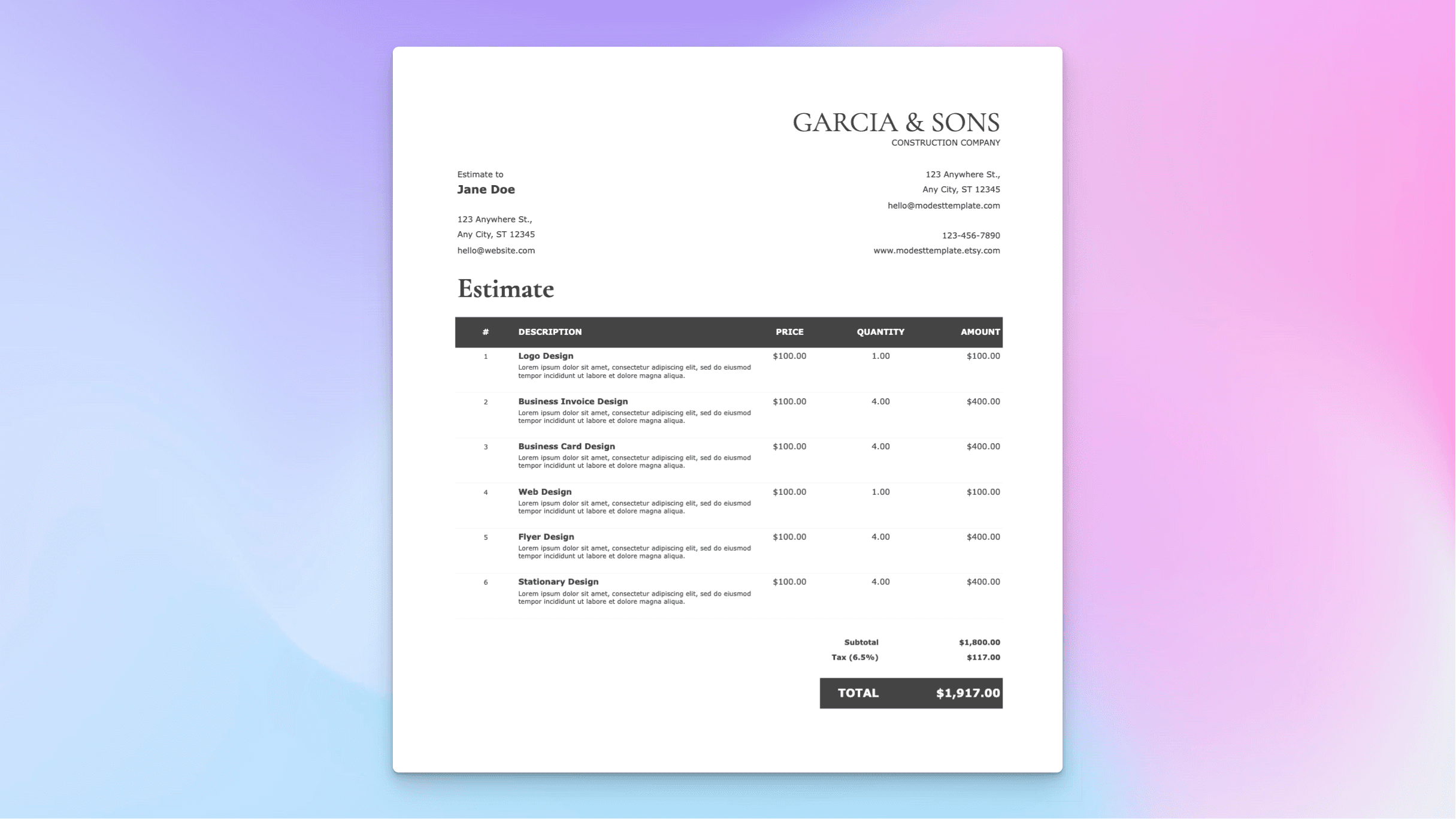 Estimate spreadsheet template displaying itemized services, quantities, and totals for professional client proposals.