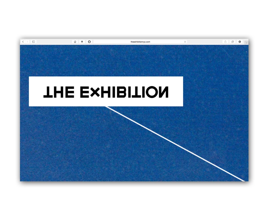 A computer screen displays a blue textured background with a white rectangular box containing the text "THE EXHIBITION" in black capital letters. A diagonal white line runs across the screen from the bottom left to the top right. The top bar of the computer screen shows the website address "theexhibition.com".