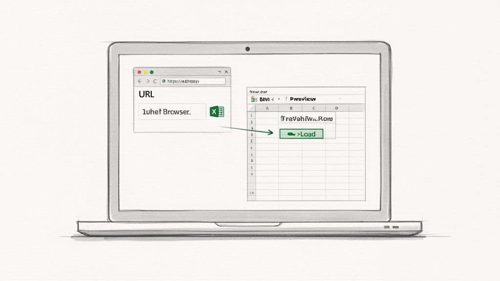 Laptop sketch illustrating data conversion from a web browser URL to an Excel spreadsheet, with a 'Load' button.