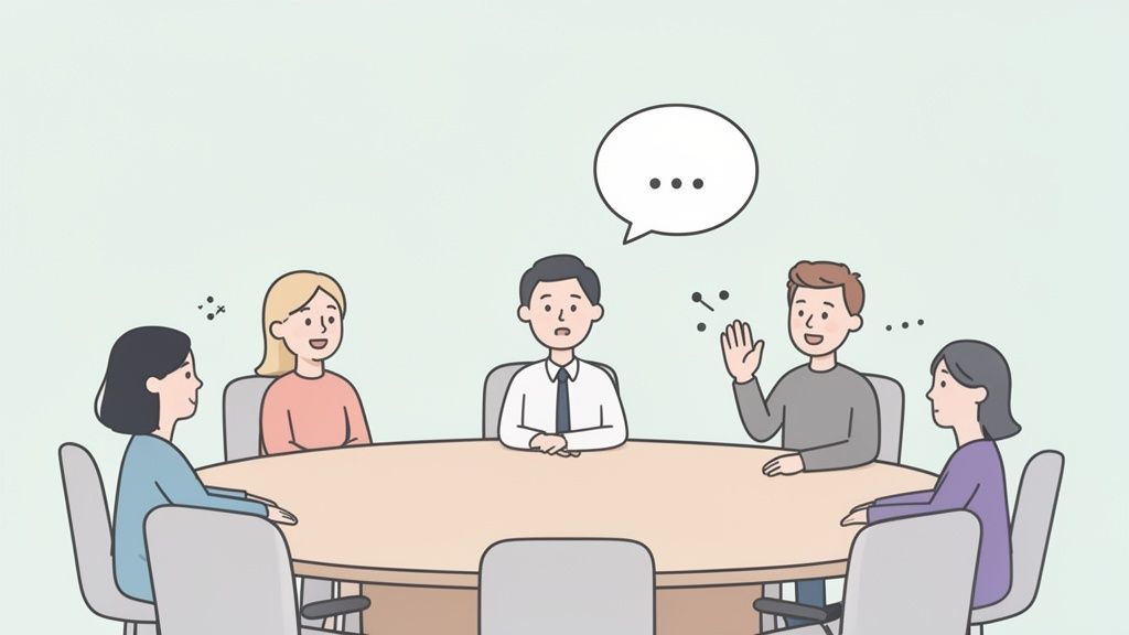 Six diverse people sitting around a round table, engaged in a business meeting or discussion.