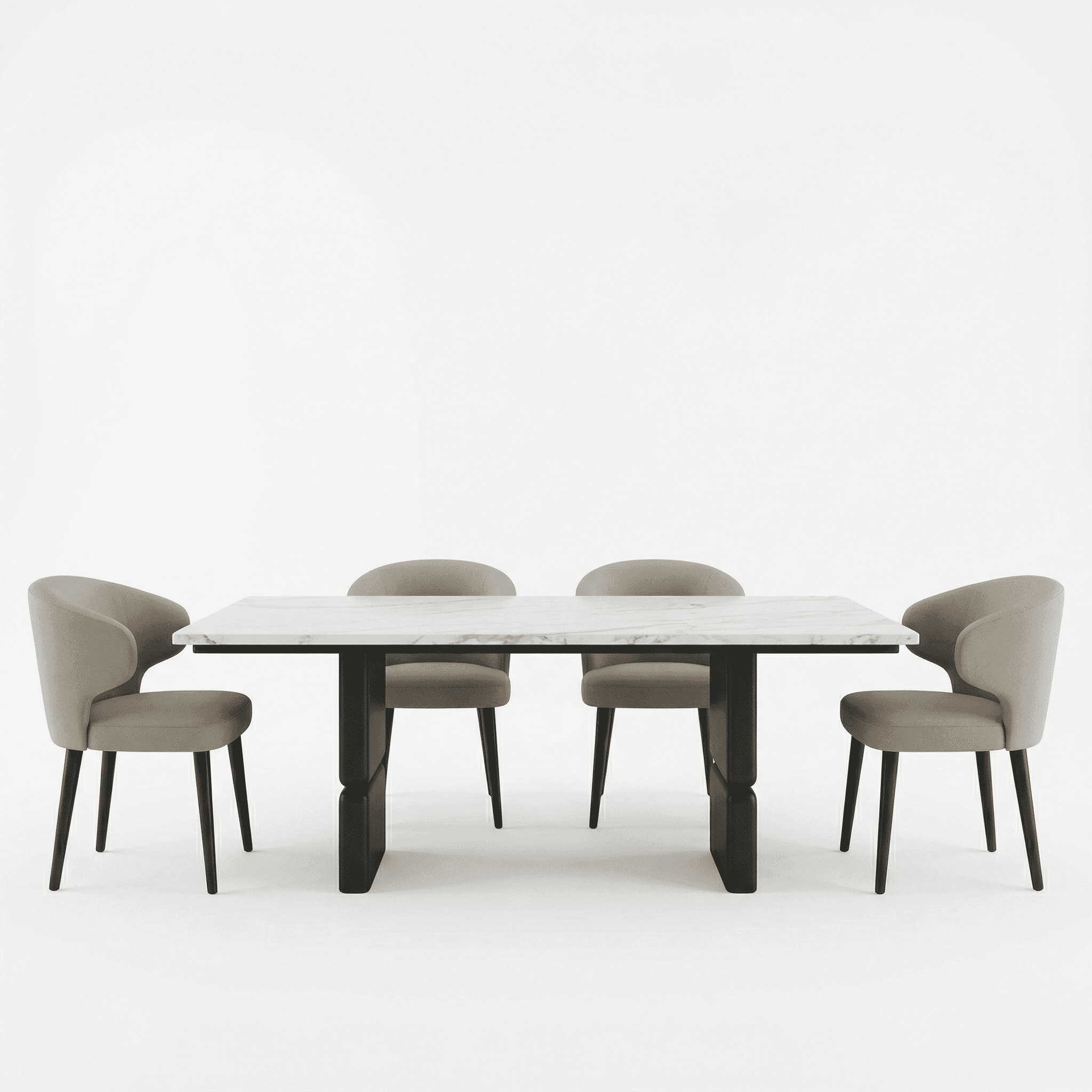 Rectangular contemporary dining set with slim legs, paired with softly curved upholstered chairs