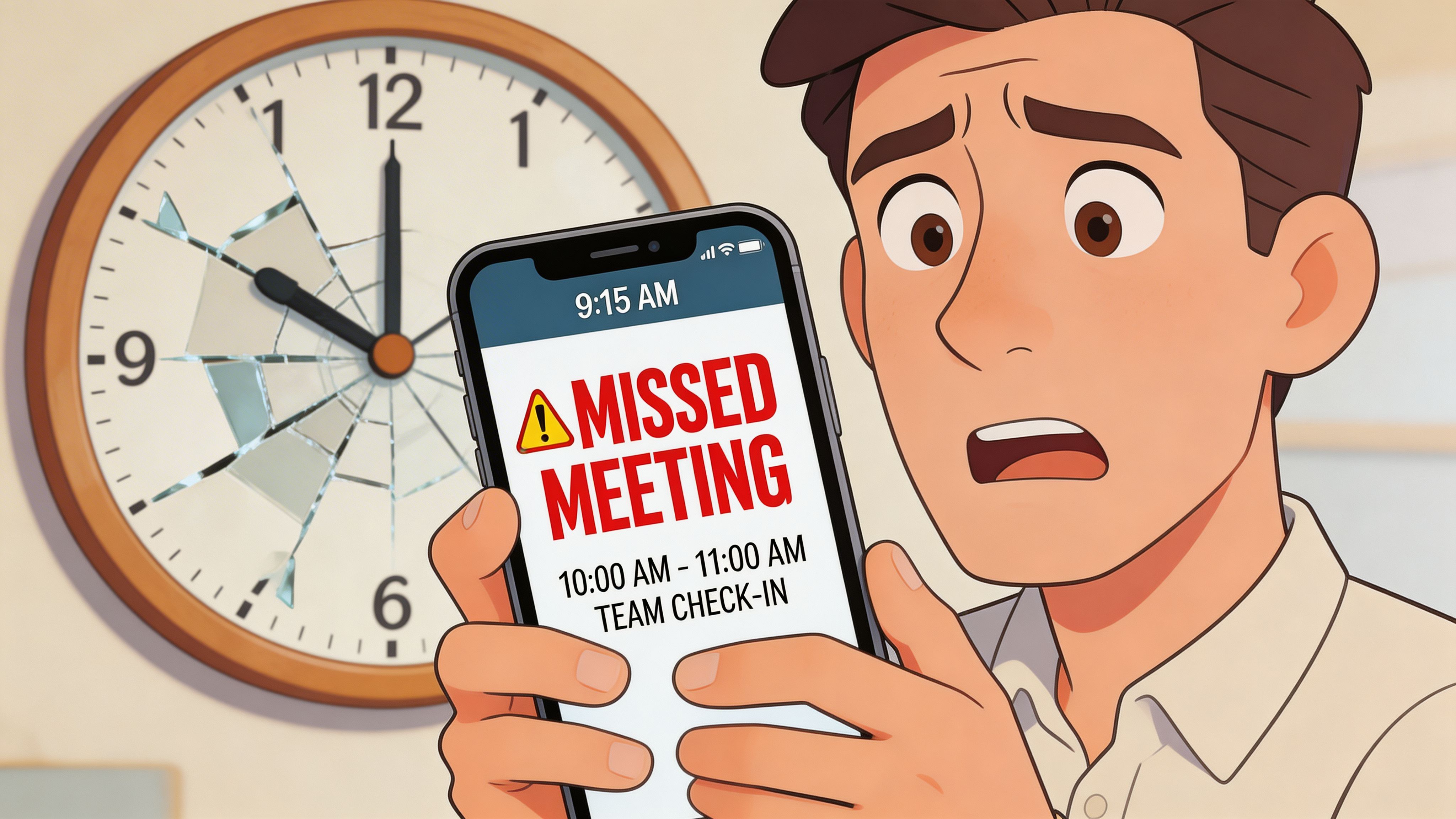 A surprised man looks at his smartphone screen displaying a missed team meeting notification alert.