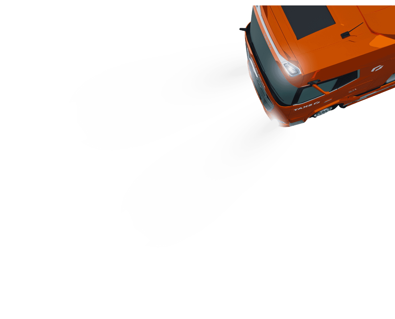 Pomarańczowa ciężarówka widziana z góry z włączonymi światłami, których snopy tworzą dwa jasne strumienie na białym tle.