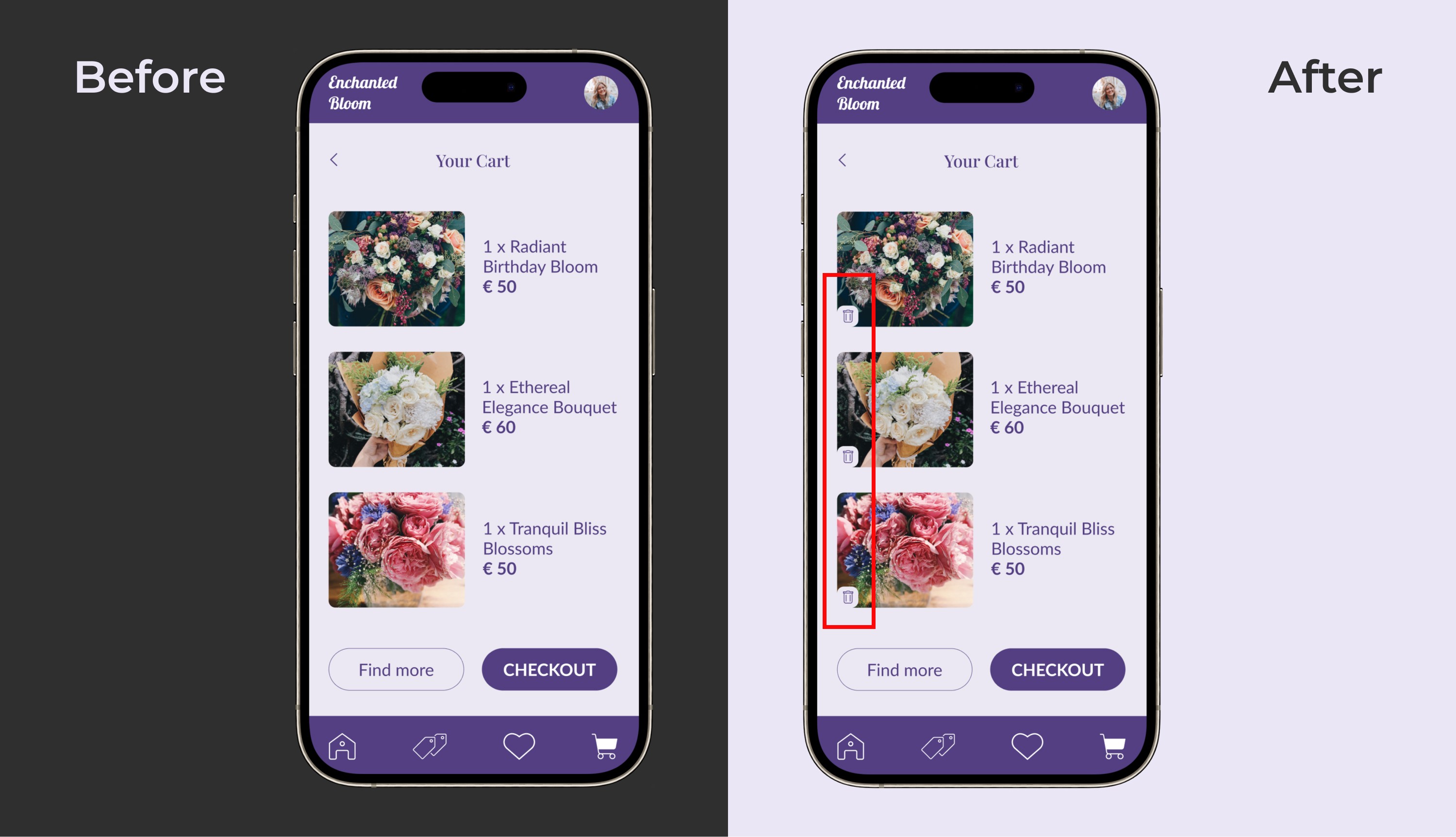 A UI comparison of the cart screen, highlighting the addition of a delete icon next to product listings.