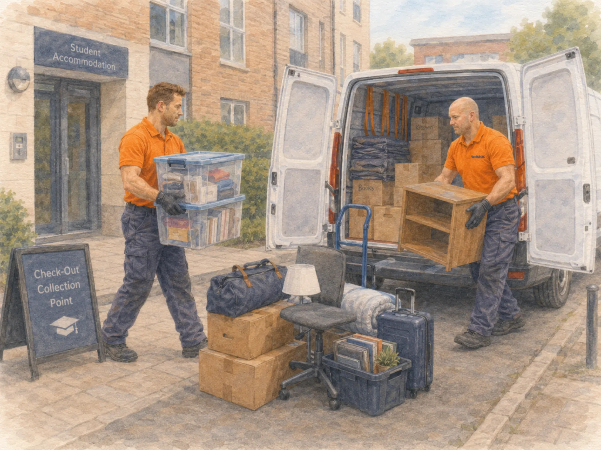 Boxes are loaded into a van from student accomodation