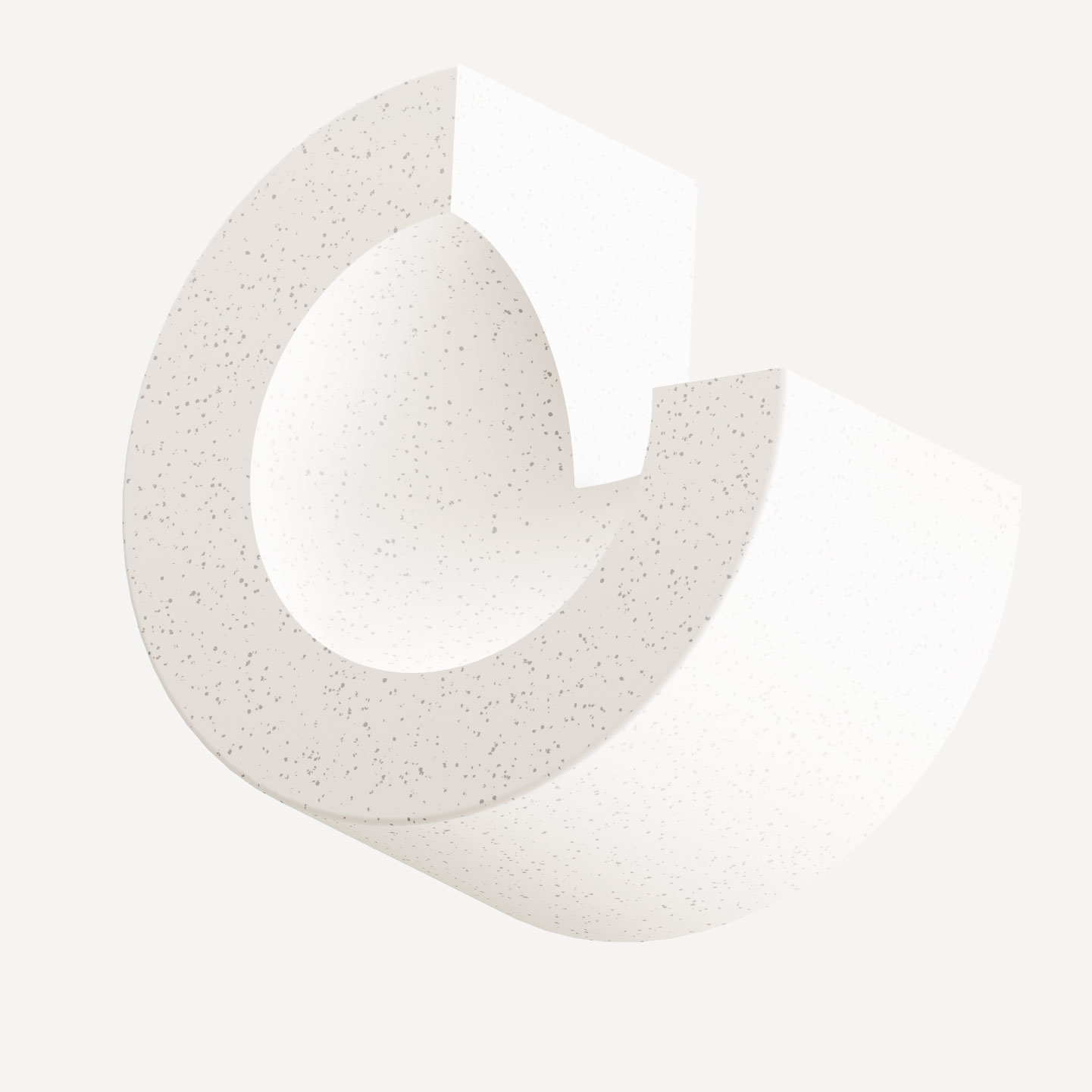 A textured, three-dimensional white torus with a quarter section cut out. The piece appears suspended against a plain white background, creating a minimalist and abstract effect.