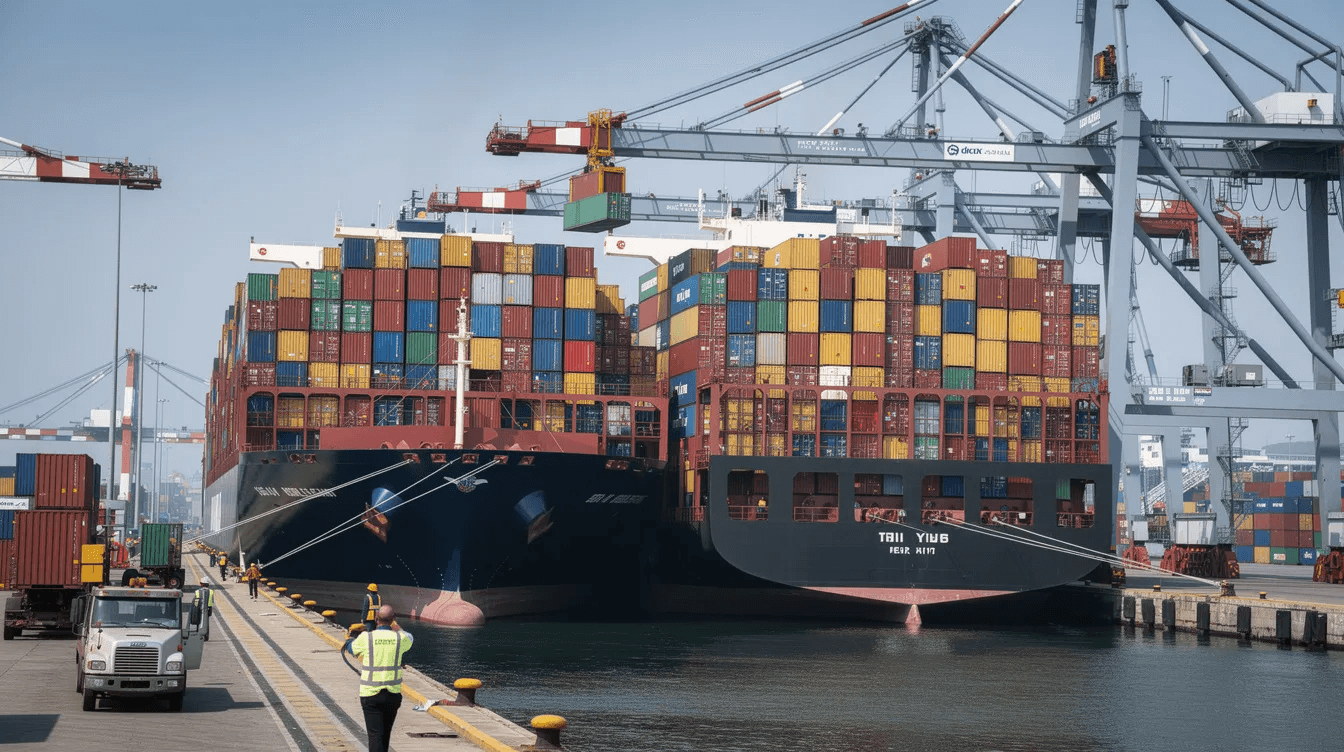The image depicts several large container ships docked at a bustling international port, each filled with brightly colored shipping containers, highlighting the importance of effective supply chain management in global logistics operations. The scene reflects the complex supply chain processes involved in transporting raw materials and finished products to meet customer demand efficiently.
