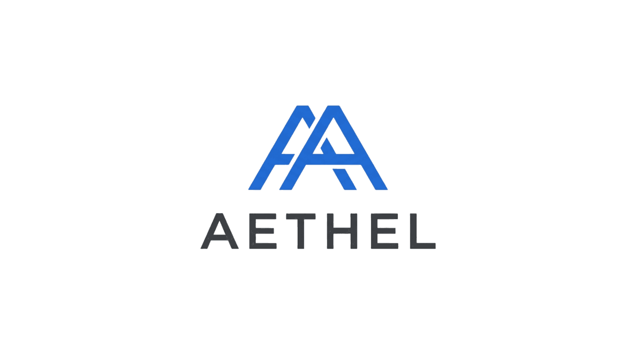 Blue geometric letters "AA" form a triangular shape above the word "AETHEL" in gray, set against a black background. The design is modern and sleek.