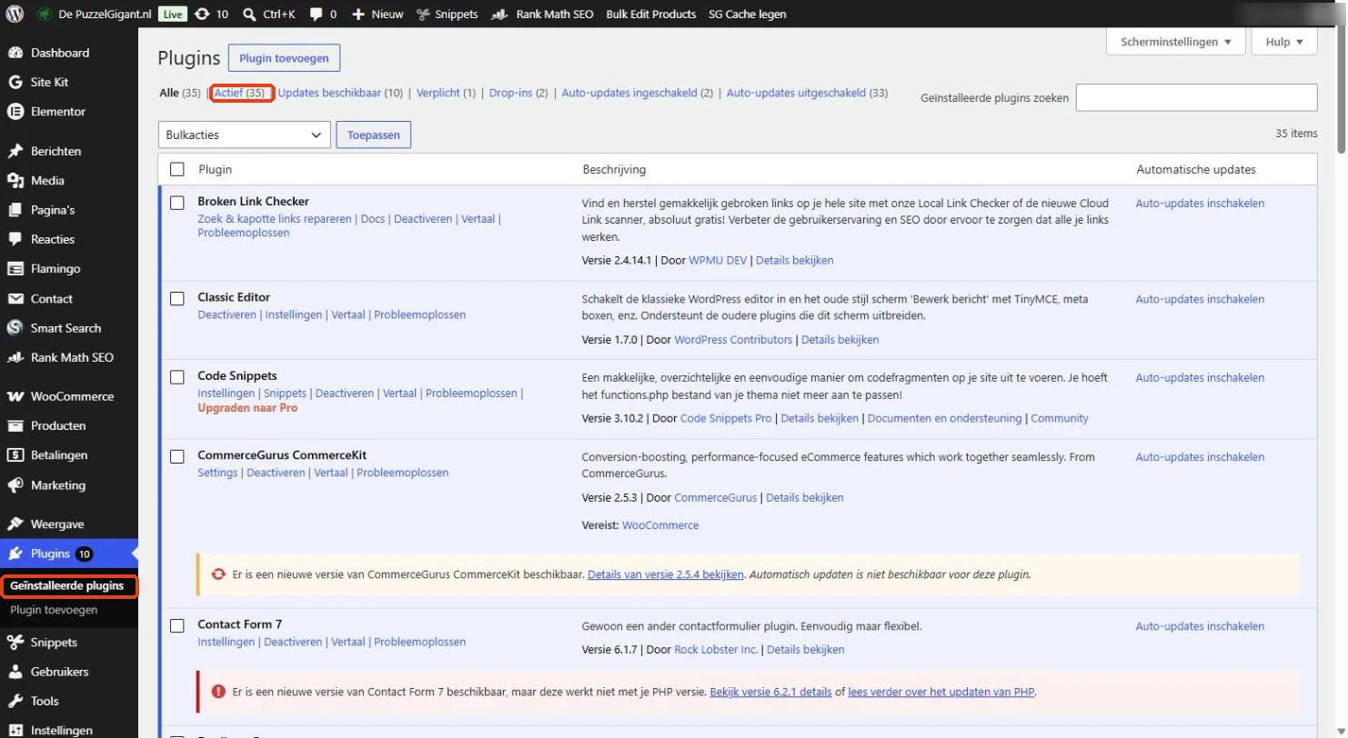 WordPress: Plugins, Geïnstalleerde plugins