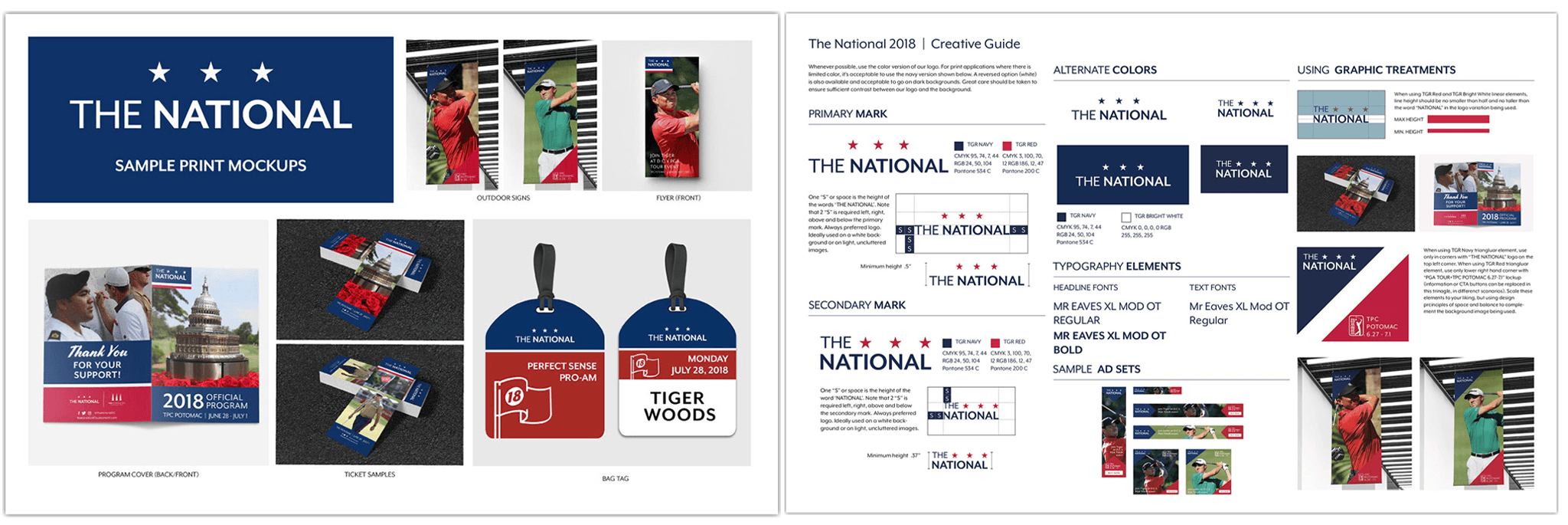 For Tiger Woods' 2018 PGA Tour event, The National, I led the full visual identity from the ground up — designing the official logo, directing the photo campaign, producing print collateral across all scales, and delivering a comprehensive brand guidebook that ensured every vendor and partner stayed on-brand throughout the tournament. A complete, end-to-end creative ownership of one of golf's most high-profile events.