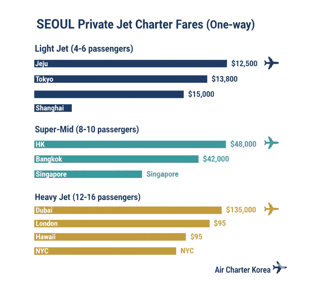 Private jet charter cost comparison by aircraft category and route from Seoul 2026