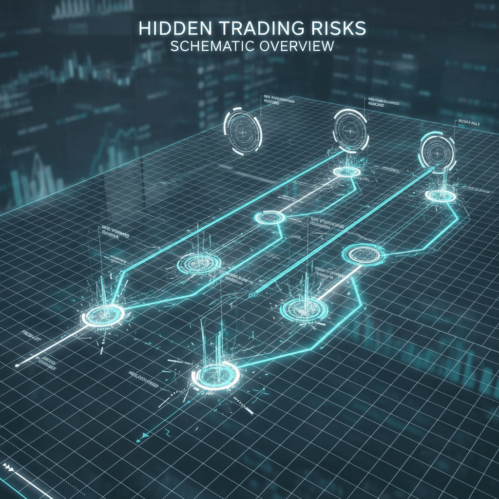 Futuristic blueprint schematic visualizing hidden risks in trading lot size selection for forex accounts