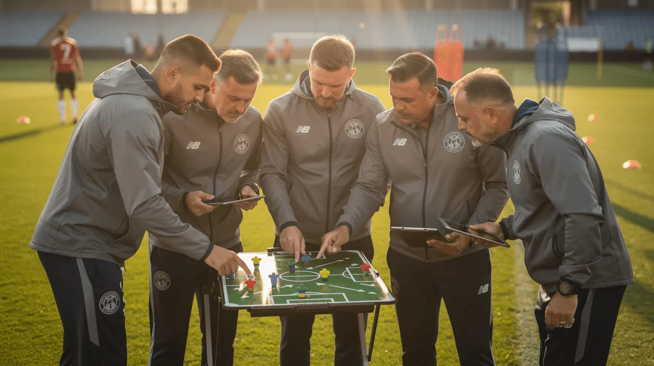 A group of football coaches is huddled together on a training pitch, engaged in a discussion about tactics and strategies for their teams. This collaborative moment highlights the essential part of football management, focusing on player development and the long-term sustainability of their clubs.
