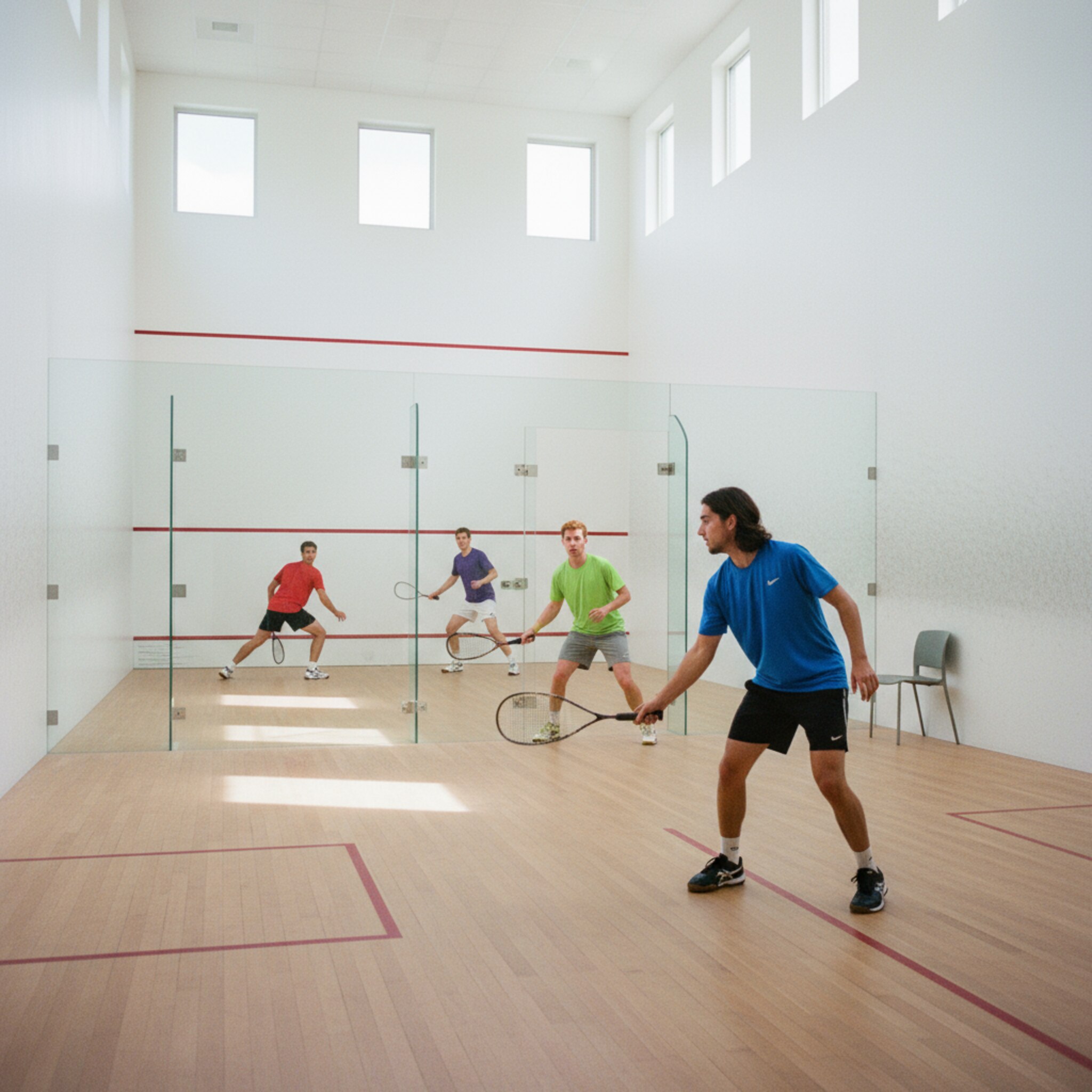 Ein hell ausgeleuchteter Squash-Court mit Glasrückwand, auf dem zwei Spieler beim Aufwärmen präzise Drives an die Wand setzen. Feine Ballspuren zeichnen Linien auf dem glänzenden Boden. Ein Schiedsrichterstuhl steht unbesetzt am Rand. Durch die Glaswand ist ein Nachbarcourt zu sehen, auf dem gerade der letzte Punkt fällt.