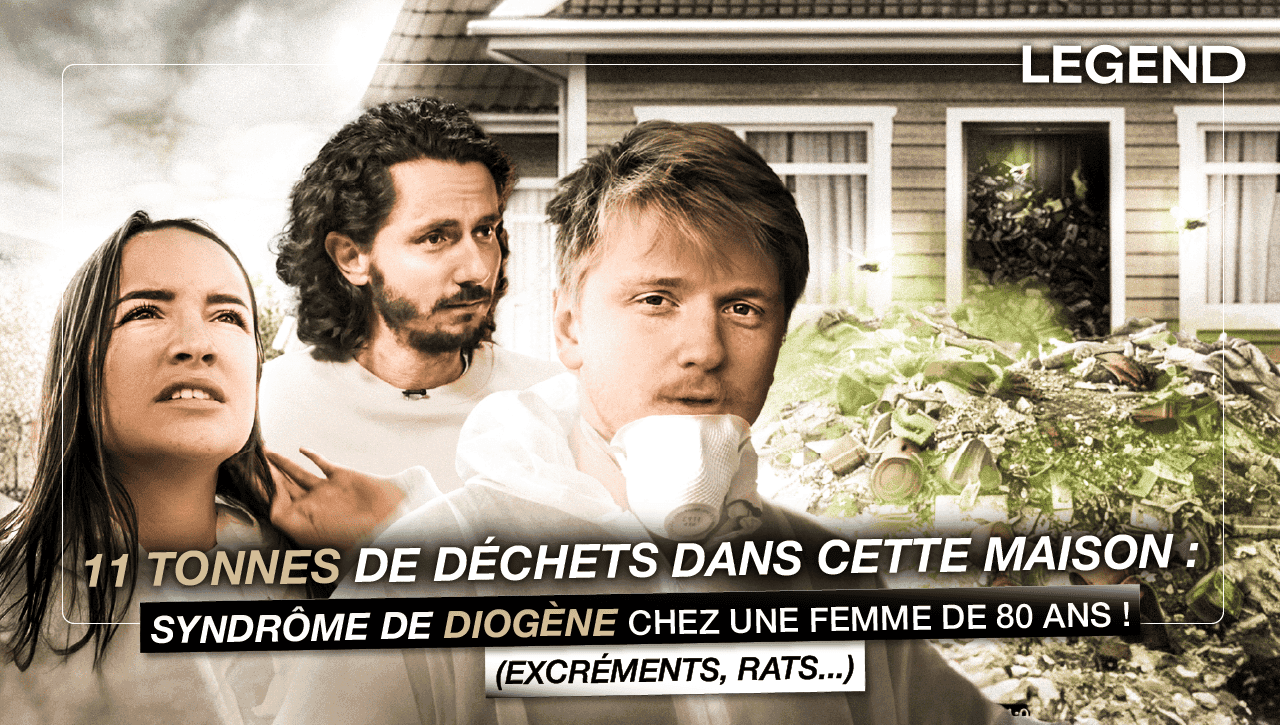 Miniature YouTube dramatique pour le média Legend, titrée '11 TONNES DE DÉCHETS DANS CETTE MAISON : SYNDRÔME DE DIOGÈNE CHEZ UNE FEMME DE 80 ANS !'. La miniature est un photomontage d'enquête de terrain. Au premier plan, trois personnes (dont Guillaume Pley) affichent des expressions choquées ou sérieuses. En arrière-plan, une maison est submergée par des tas d'ordures et de déchets (illustrant le syndrome de Diogène), créant une image de catastrophe. Le titre est en majuscules blanches et le texte entre parenthèses accentue le choc pour maximiser l'attention et le taux de clic. Ce visuel démontre l'expertise de Nux-Studio en direction artistique et graphisme de miniature (thumbnail) pour les documentaires et contenus d'enquête sociale