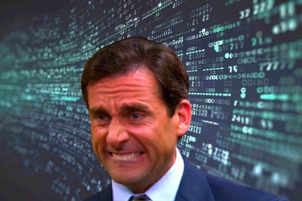 Michael Scott in front of a computer-code background