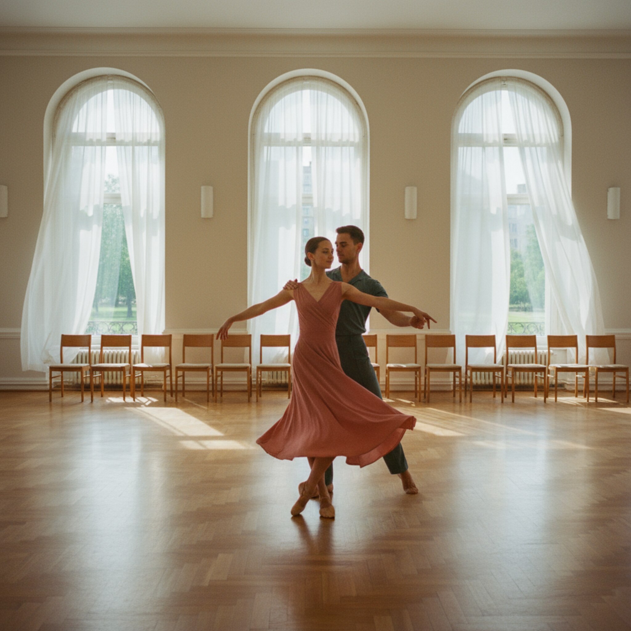 Ein Paar dreht elegante Runden in einem großzügigen Saal, Parkett glänzt, leichte Gardinen bewegen sich im Luftzug. Der Partner führt mit ruhiger Hand, die Partnerin lächelt in der Drehung. Im Hintergrund stehen sauber aufgereihte Stühle. Alles wirkt geordnet, leicht und spielerisch.