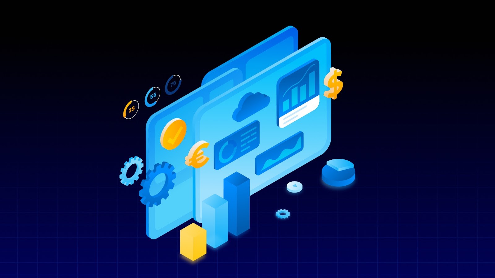 Isometrische Illustration von CRM-Dashboards mit Diagrammen, Währungssymbolen und Zahnrädern für B2B-Daten