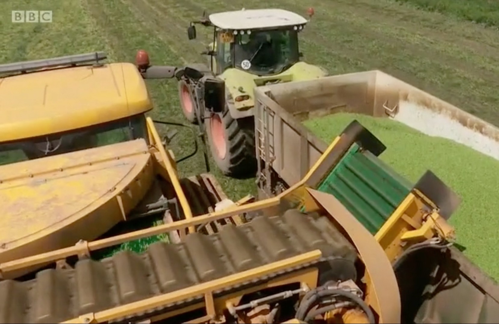 Still image taken from a TV broadcast showing a pea harvest taking place in a field. The BBC icon is in the top left corner