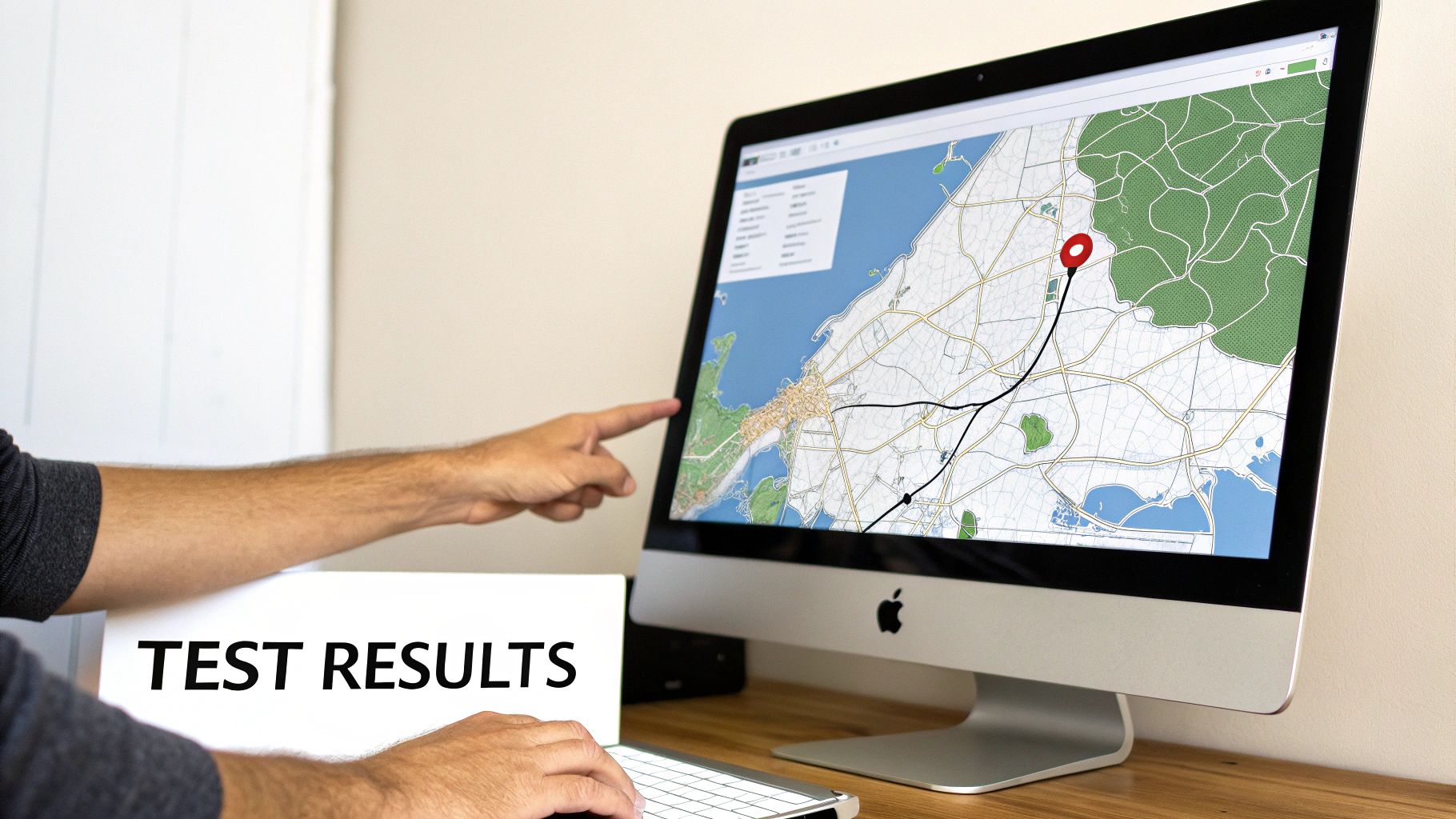 A person points at a computer screen displaying a map with a route, next to a 'TEST RESULTS' board.