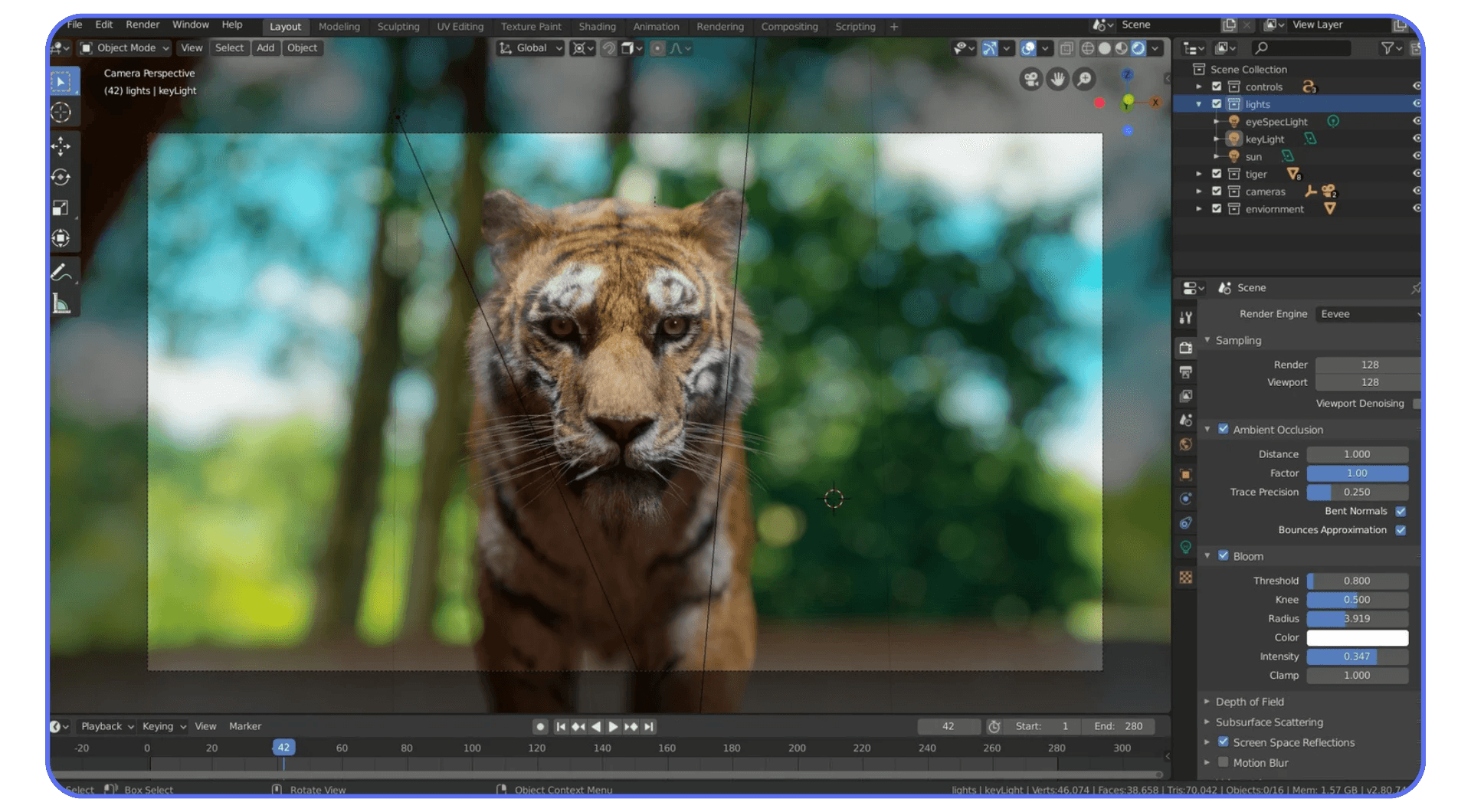Blender viewport showing a realistic tiger model in a forest environment, viewed through the camera perspective with lighting and rendering settings visible.