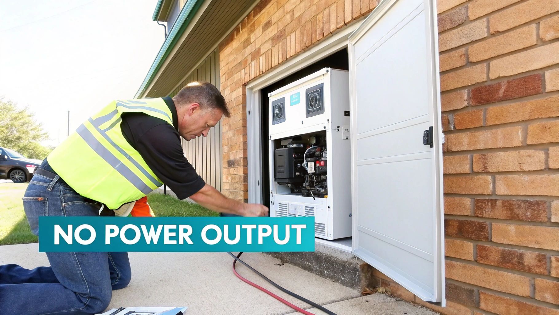 a man in a service vest working on a generator and the text 'no power output' in the foreground