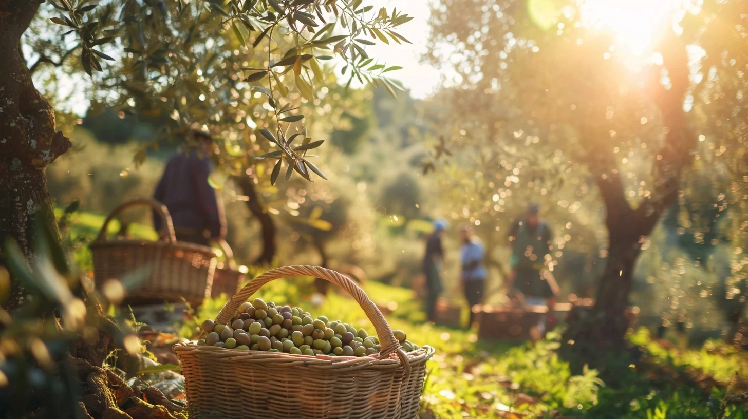 A bucket full of plucked olives in a green landscape setting
