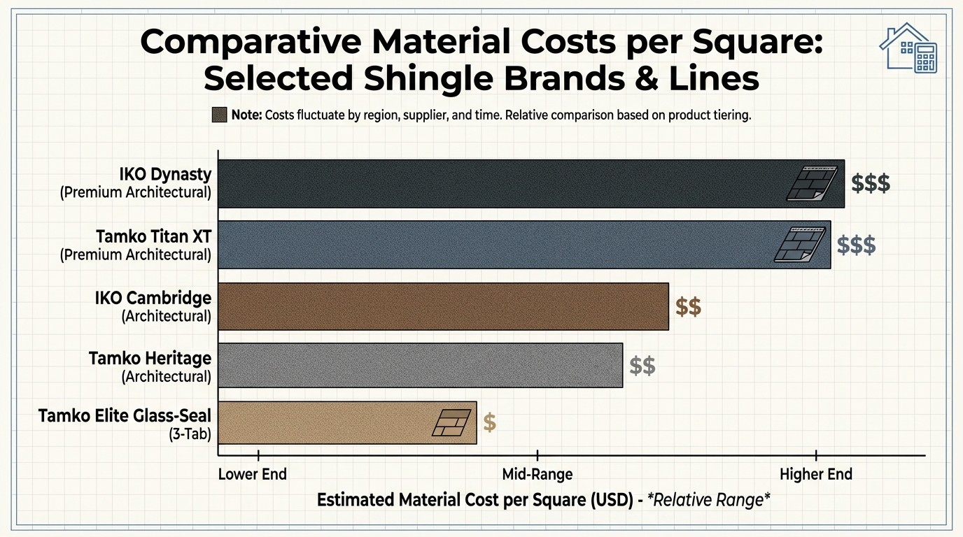 IKO vs Tamko shingles cost comparison chart showing price per square