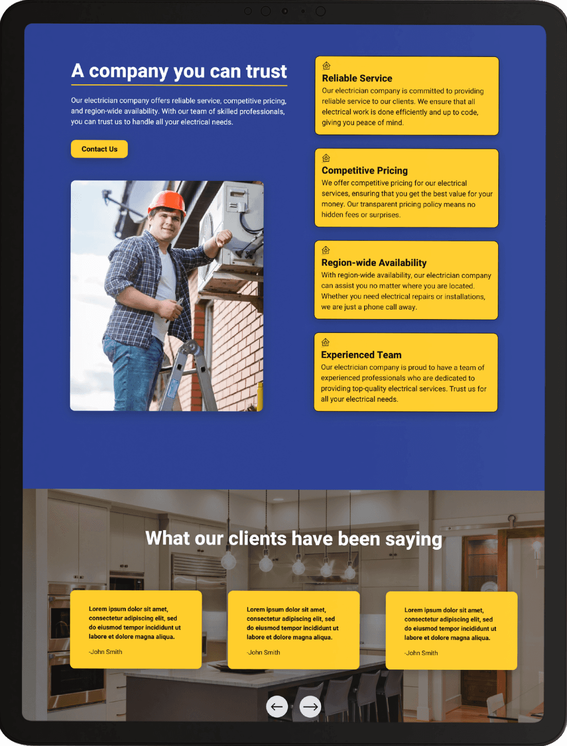 Screen capture of a website design for a Electrician