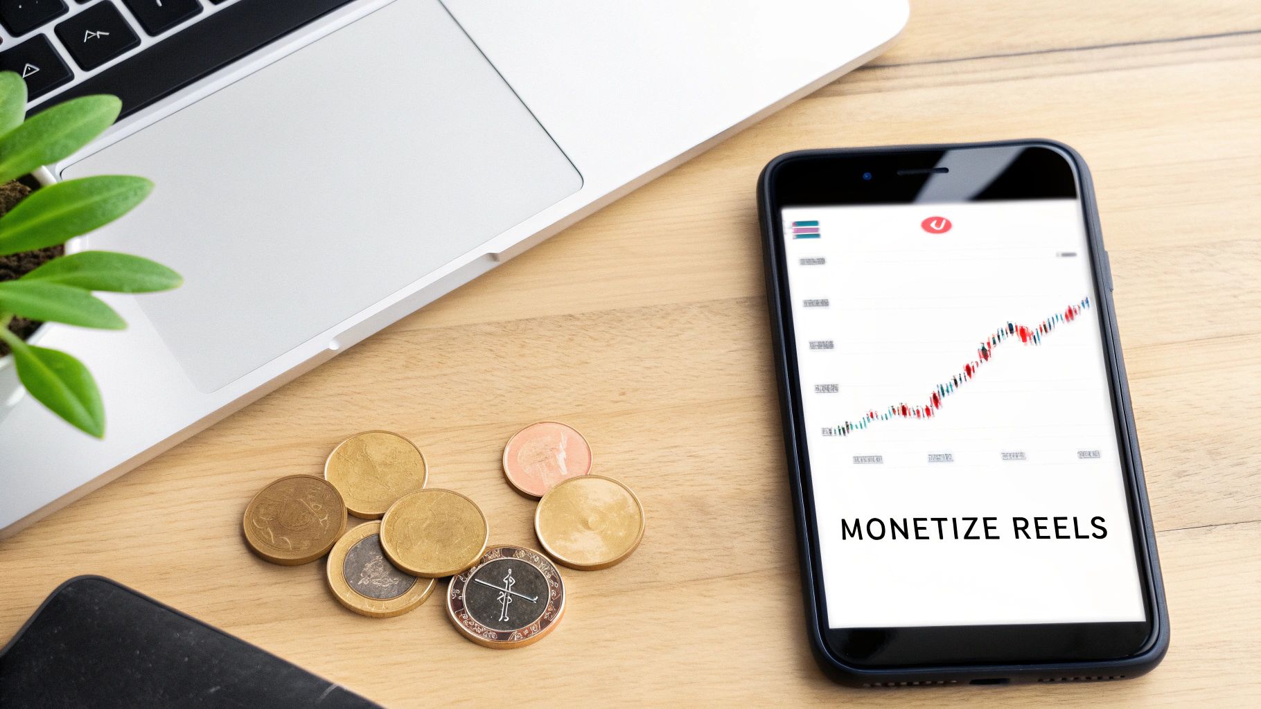 A desk flat lay with a laptop, plant, coins, and a phone displaying 'MONETIZE REELS' with a rising stock chart.