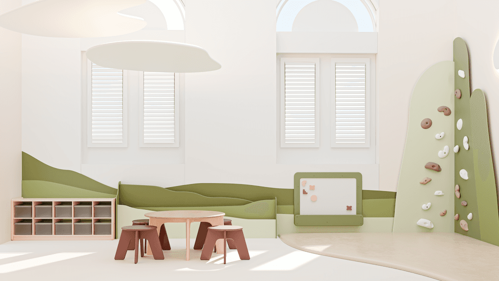 Rendering of the toddler room with rolling green hills, cubby storage, a magnetic board and backlit clouds