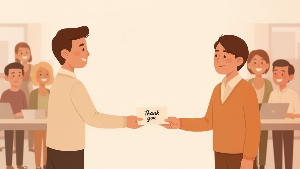 Two men exchanging a 'Thank you' card, symbolizing appreciation among smiling colleagues in an office.