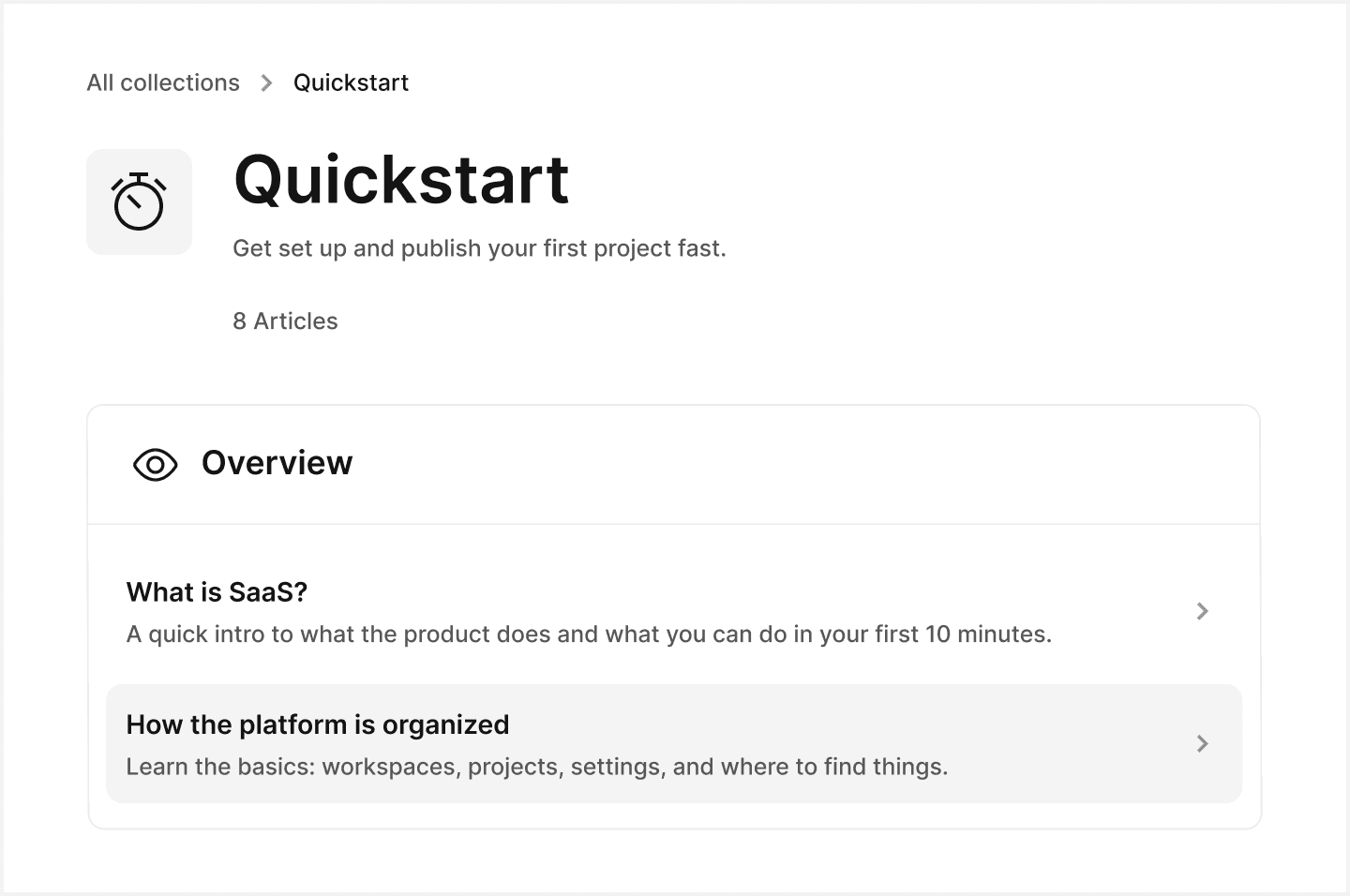Helpview SaaS help center quickstart section showing onboarding and support articles.